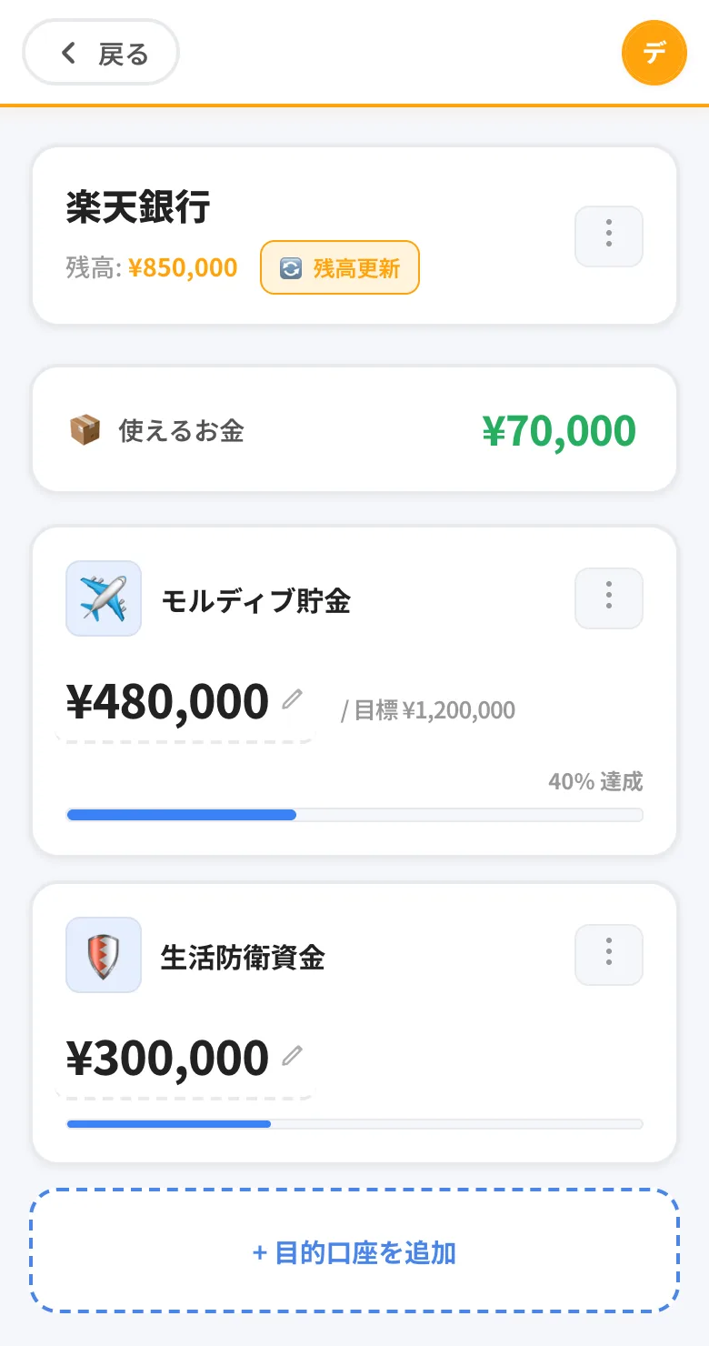 銀行の中の袋分け画面。使えるお金70,000円、モルディブ貯金480,000円(目標の40%)、生活防衛資金300,000円